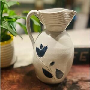 Williamsburg Pottery Salt Glazed Stoneware Handled Pitcher with Blue Flower